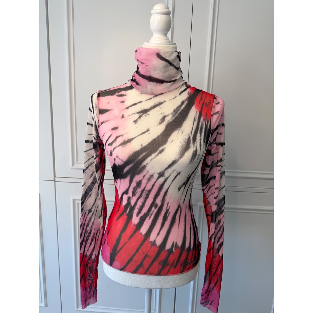 AFRM Turtleneck Top Womens Small Pink Red Tie Dye Mesh Long Sleeve Excellent